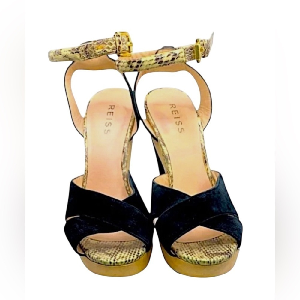 Reiss Black Open Toe Platform Suede/Snakeskin Heels Size 10
